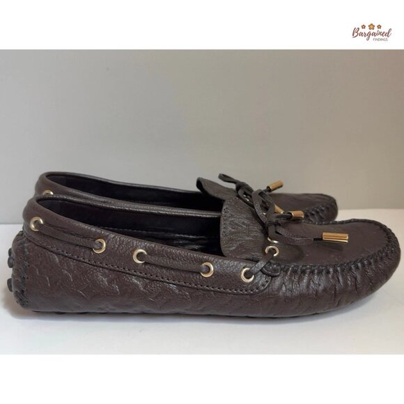 Auth Louis Vuitton Gloria Brown Monogram Leather Loafers EU N37 US 6 - Picture 8 of 12